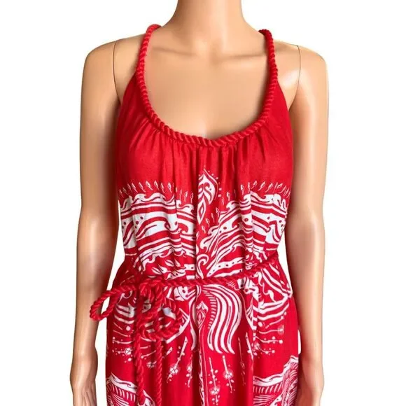 Farm Rio NWT Majestic Coconut Tree Maxi Dress Large Red Linen Blend Tropical - Picture 5 of 11
